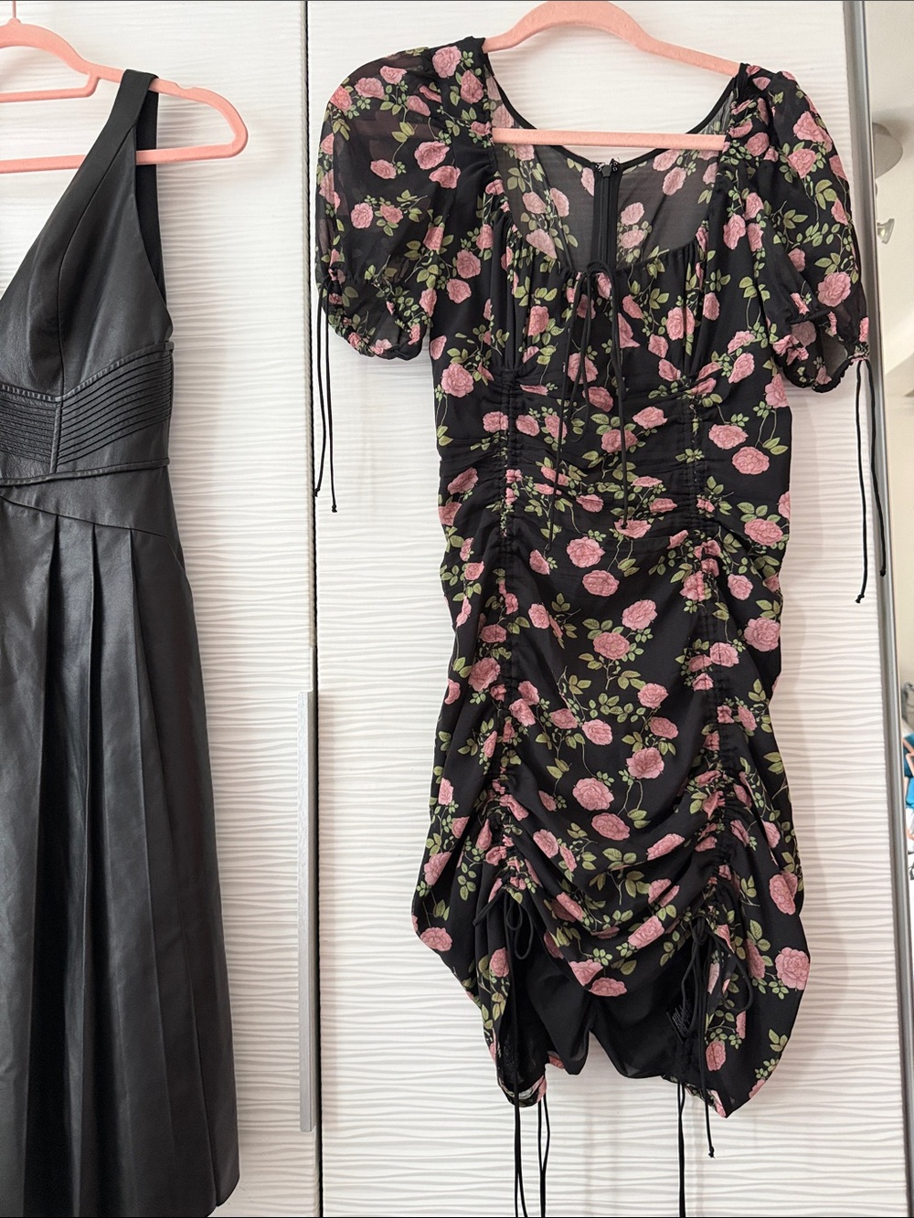 For Love & Lemons Black Mini Dress with Pink Rose Print